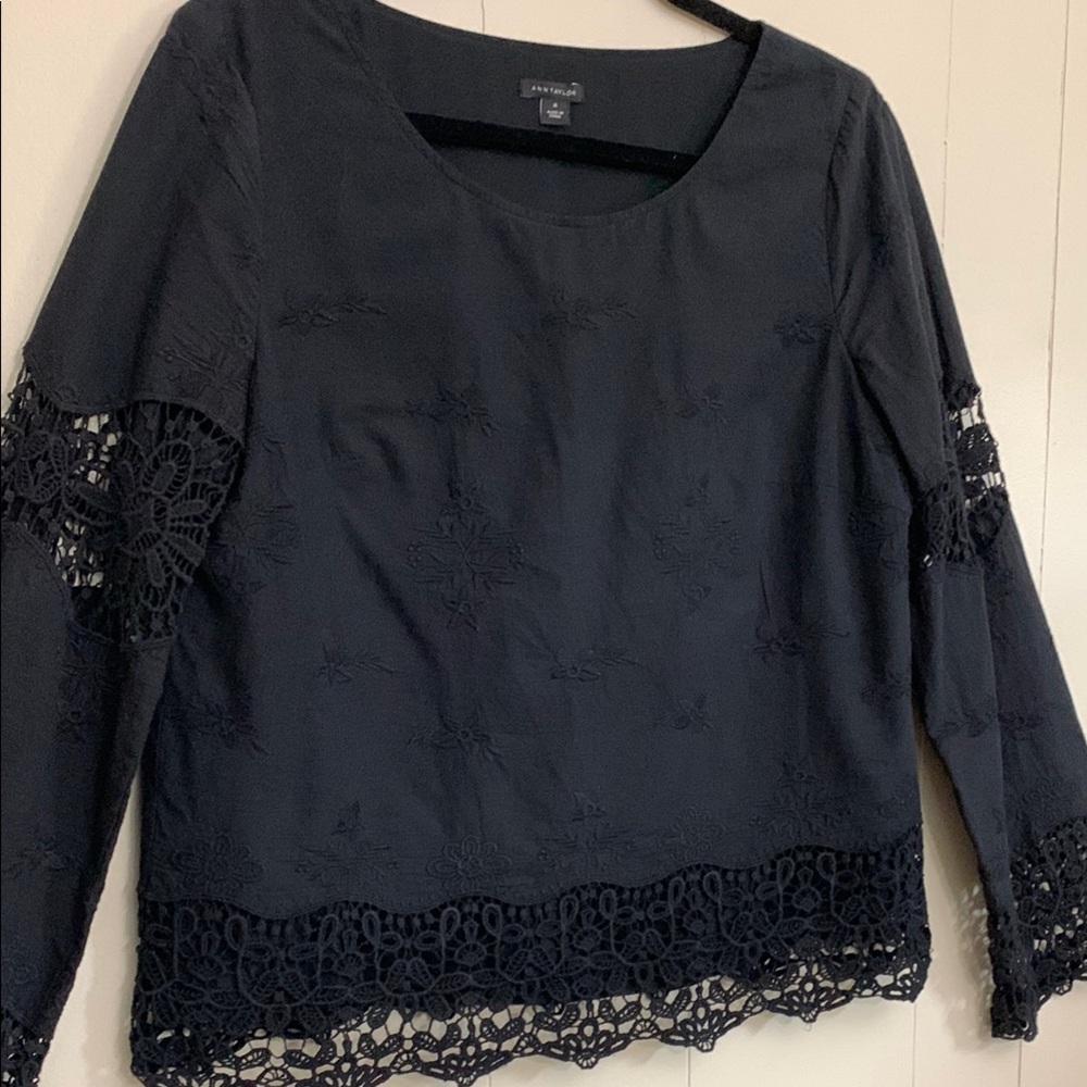 Ann Taylor Black Embroidered Cotton Lace Trim Blouse